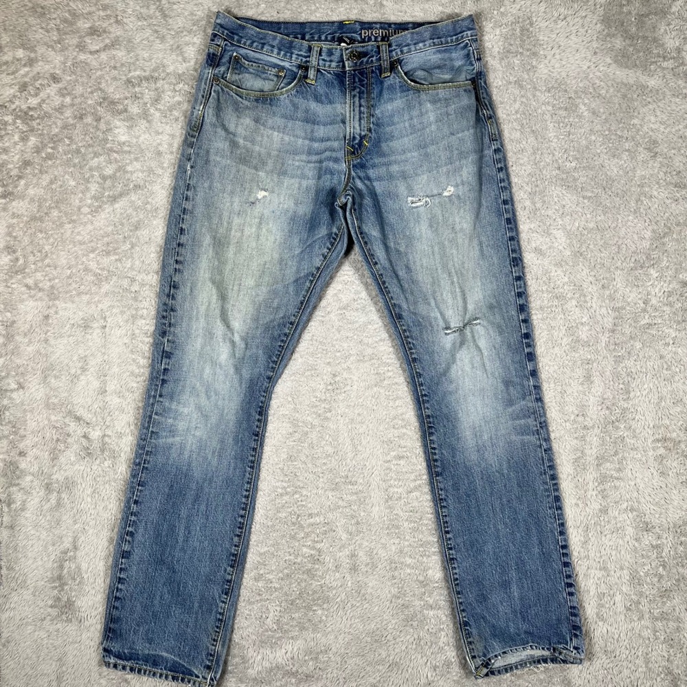 Gap Premium Slim Straight Jeans Mens 34x32 Medium Wash Distressed Denim